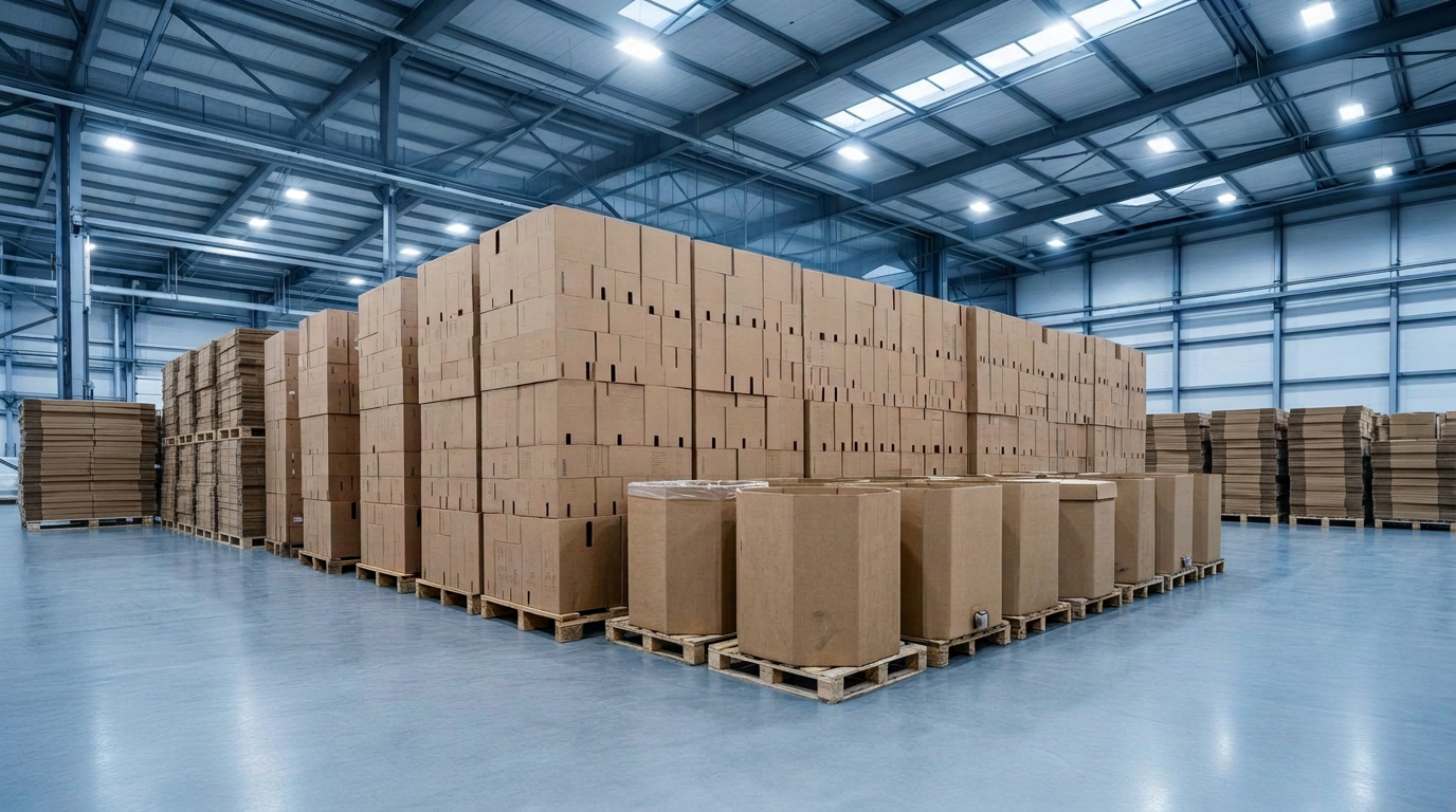 Warehouse with stacked corrugated IBC containers for bulk liquid exports