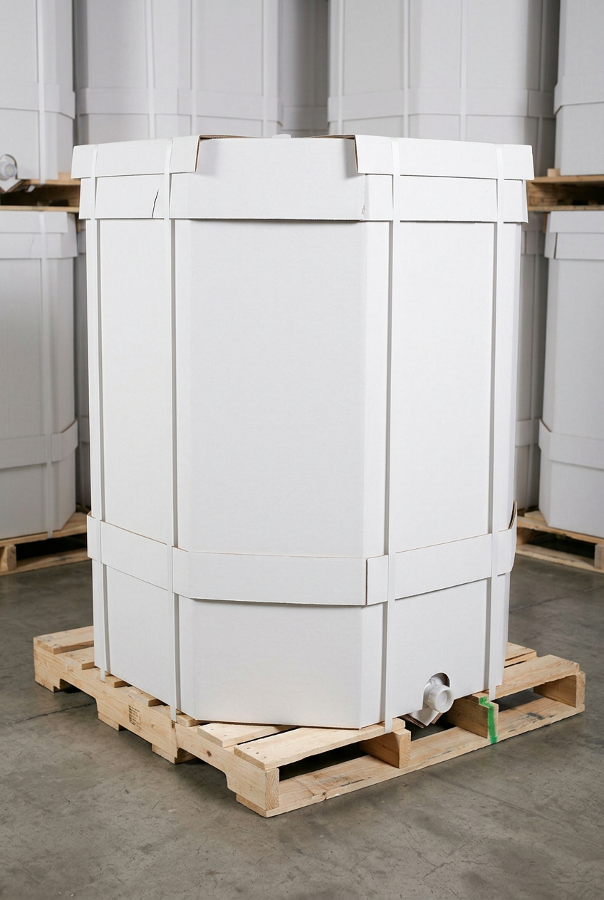 Bottom-Drain IBC · 275–330 gallons / 1,040–1,250 L · corrugated cardboard